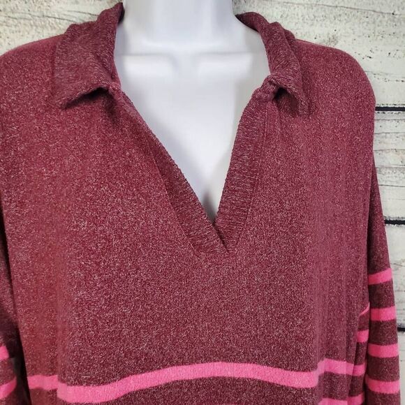 Maurices Women’s Plus 1X Burgundy Striped Collared Long Sleeve Top - Picture 3 of 7